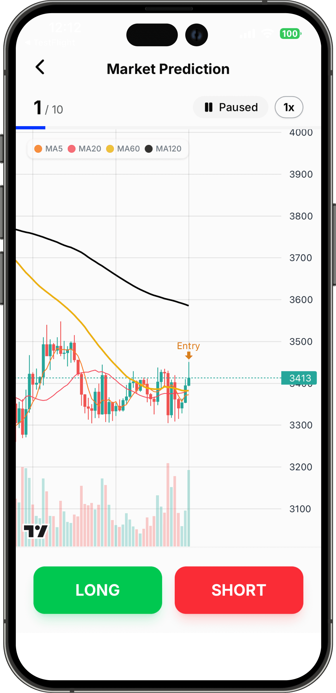 Chart Quiz trading quiz app showing a candlestick pattern quiz with long and short buttons